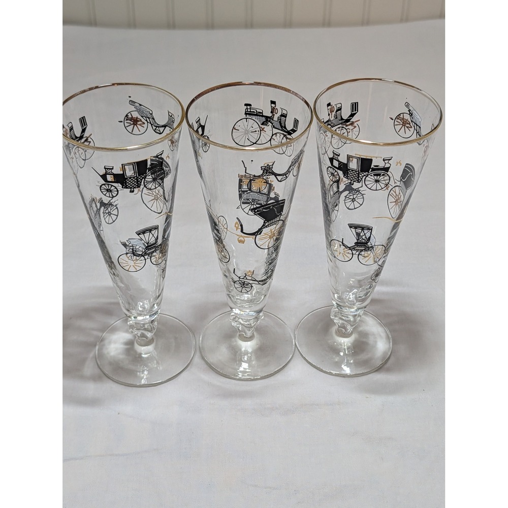 Vintage Horse Drawn Carriage Pilsner Glasses Set of 3 Mid Century Gold Rim